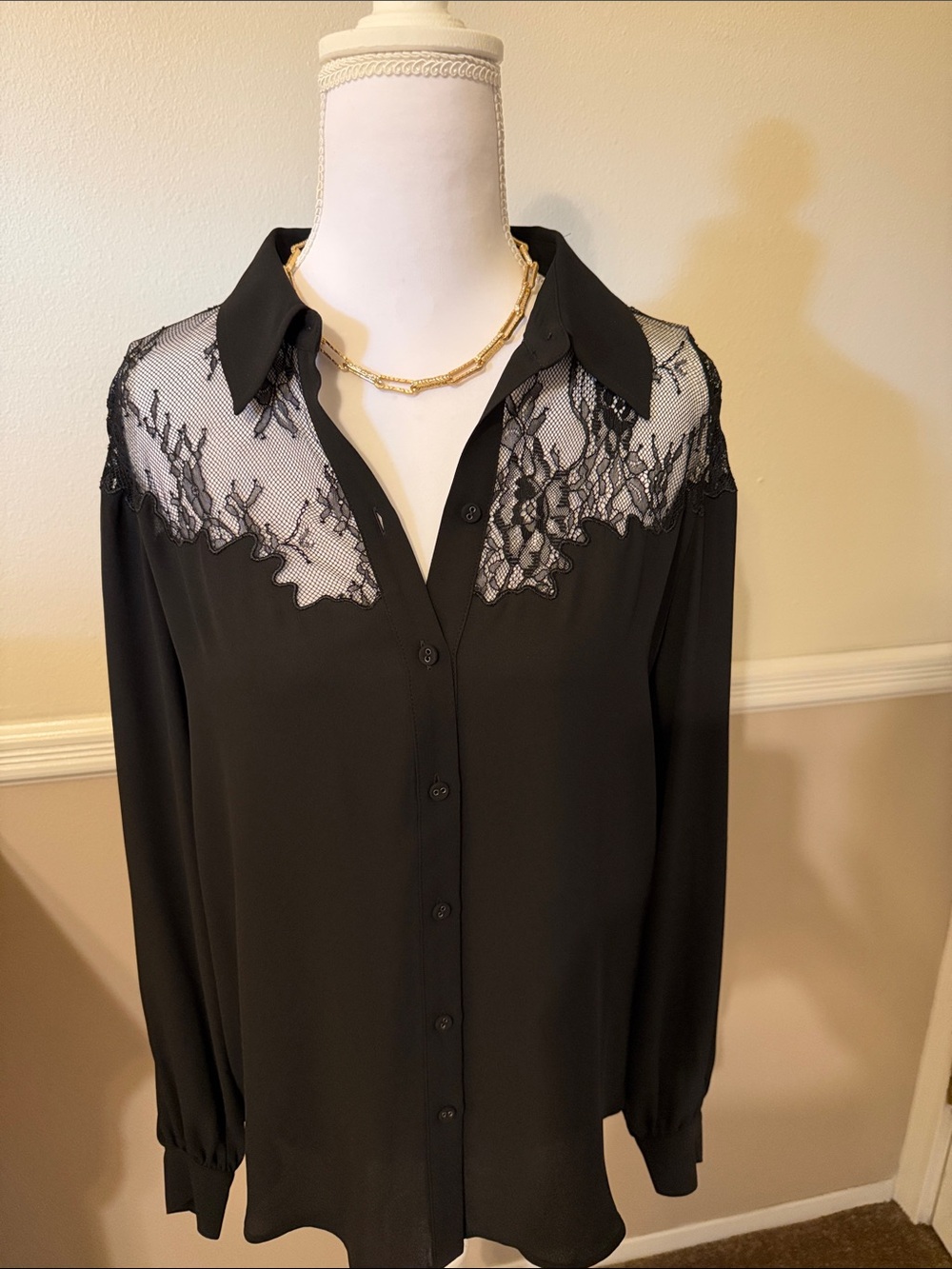 White House Black Market Black Lace-Yoke Button Down Shirt